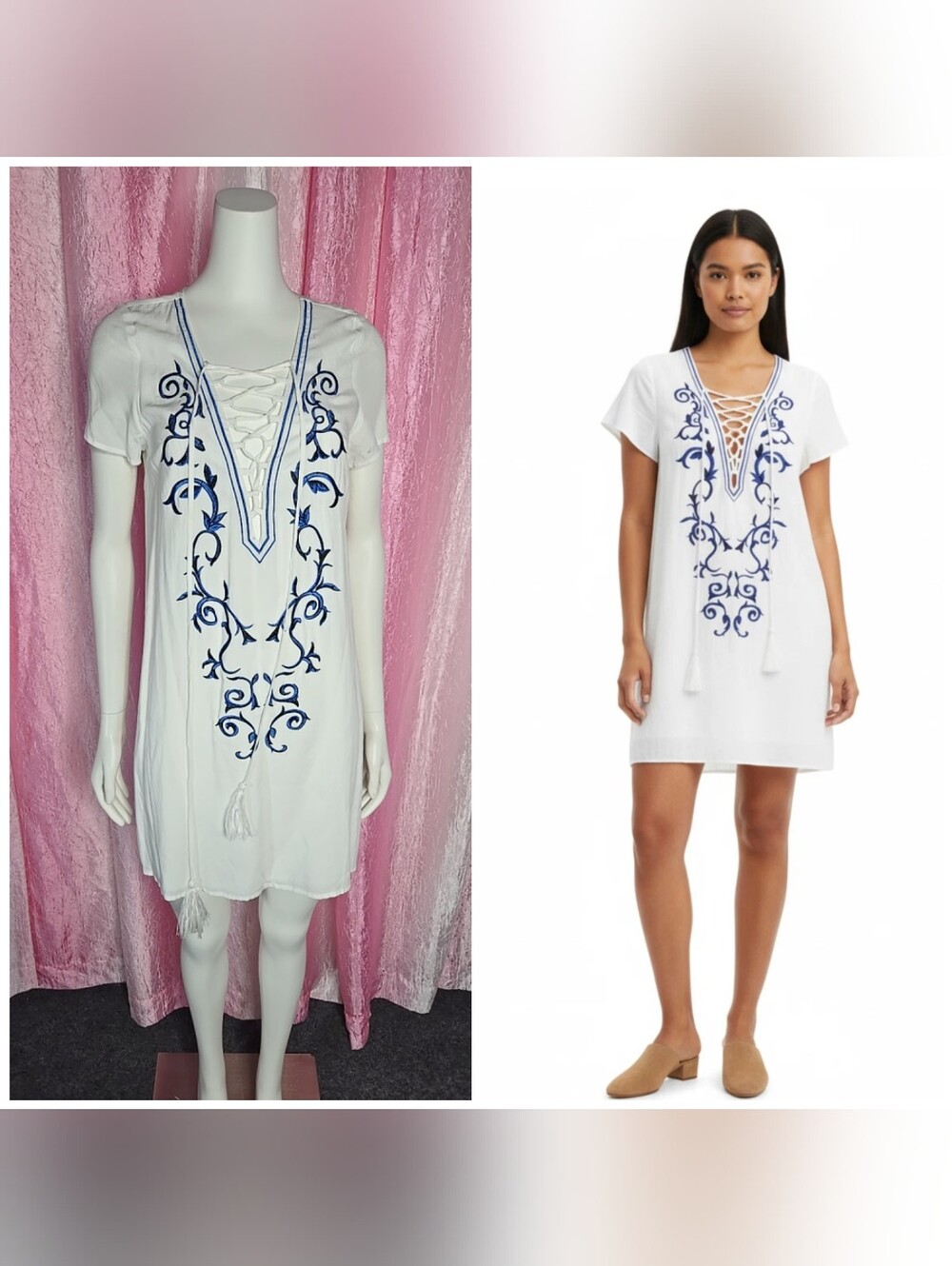 Lulu's Down In Kokomo Shift White Blue Embroidered Lace Up Dress Size Small